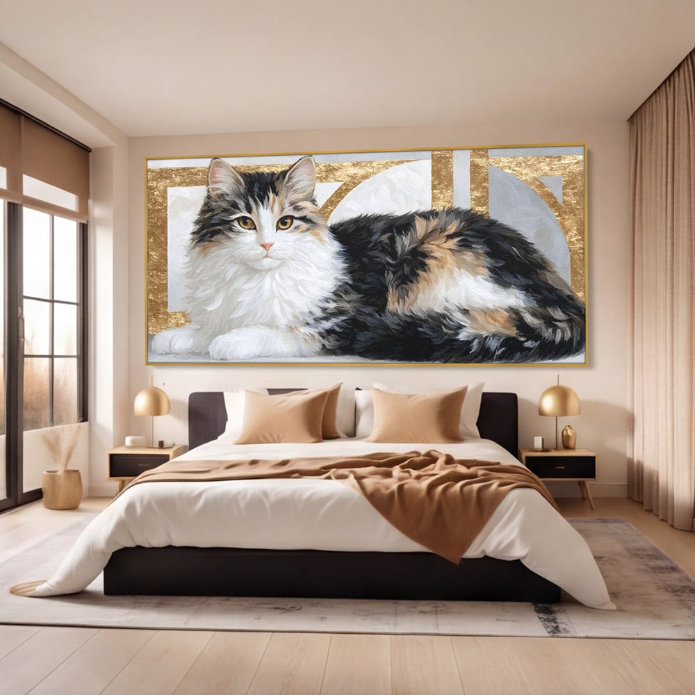 Tablou canvas cu tablou canvas cu pisica calico si accente aurii, in rama de aluminiu auriu, pe perete intr-un dormitor